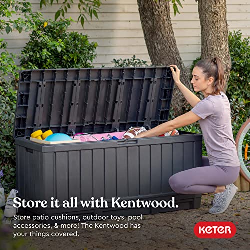 Keter Kentwood 92 Gal Outdoor Storage Box for Patio and Pool Accessories | Grey, Resin, Large, Weatherproof, Lockable, Durable, Easy Assembly, Organization, Patio Cushions Storage