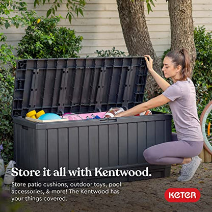 Keter Kentwood 92 Gal Outdoor Storage Box for Patio and Pool Accessories | Grey, Resin, Large, Weatherproof, Lockable, Durable, Easy Assembly, Organization, Patio Cushions Storage