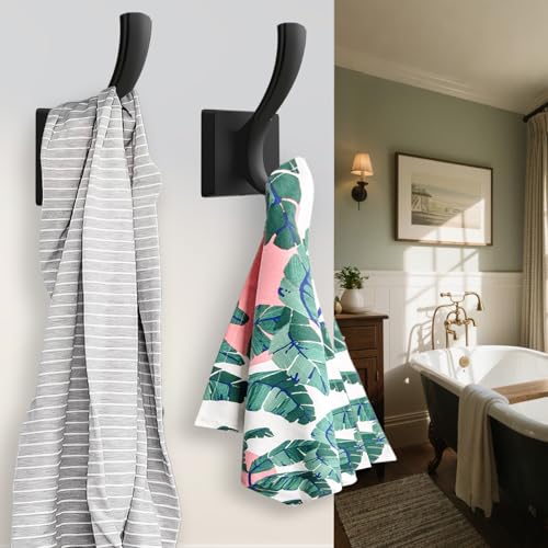 TOFIIGREM Black Towel Hooks, Coat Robe Hooks Bathroom Entryway Mudroom Pool Hooks for Wall Mount Hanging Towels Bathrobe Key Hat Backpack (2 Pack, Black)