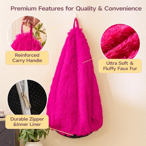 Hot Pink fluffy bean bag chair covers (No Filler), comfy Plush Hot Pink bean bag chair Cover for bedroom, stuffed animal Storage, kids adults teens girls bean bag chairs, Anti-Slip