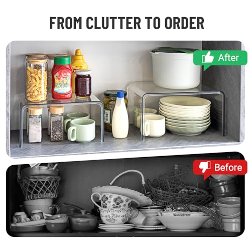 Bobomoment Clear Cabinet Organizer, Stackable Shelf Organizer Set of 2 | Kitchen Pantry Organizers and Storage, Display Cabinet Shelf Countertop Desk Shelves, Patented Spice Organization