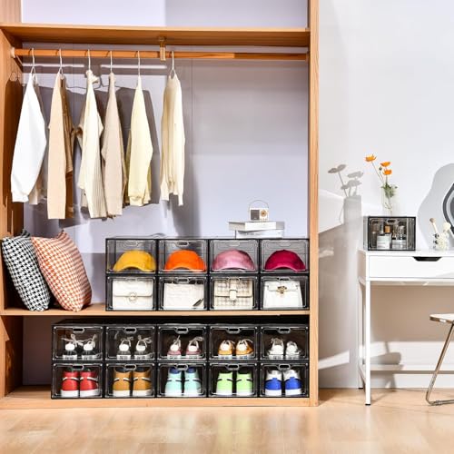 12 Pack Gray Transparent Shoe Storage Organizer, Stackable Shoe Boxes for Closet, Drop Front Plastic Shoe Box with Grey Door, Easy to Assemble, Fit up US Size 12(13.4”x 9.8”x 7.1”)