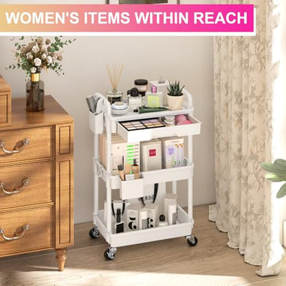 Goovilla 3 Tier Rolling Utility Cart Organizer with Removable Drawer, White | Stable and Sturdy Rolling Storage Carts with 2 Lockable Wheels for Bathroom, Kitchen, Snack, Craft, Makeup, Baby Essentials