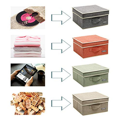 YueYue Fabric Storage Bins with Lids Small 4 Pack, Linen Foldable Storage Box with lids 4 Color Set 12.4in/12in/6.7in