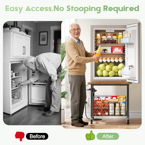 Mini Fridge Stand with Storage and Power Outlet, Small Refrigerator Stand with Wheels, Mini Fridge Cart-Max Load 300 LBS Heavy Microwave Printer Stand Utility Cart for Dorm,Kitchen, Office