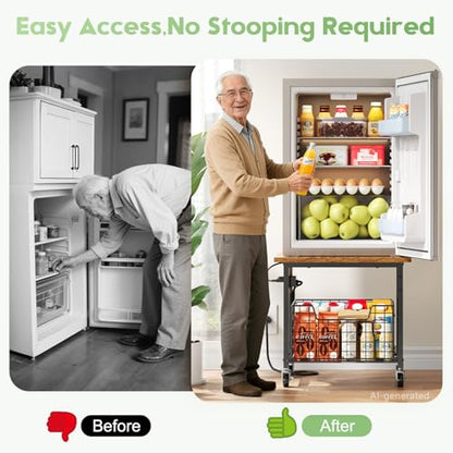 Mini Fridge Stand with Storage and Power Outlet, Small Refrigerator Stand with Wheels, Mini Fridge Cart-Max Load 300 LBS Heavy Microwave Printer Stand Utility Cart for Dorm,Kitchen, Office