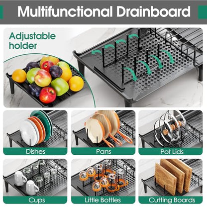 Urackify Expandable Dish Drying Rack with Drainboard for Kitchen Counter | Expands from 16.9 to 26.6 inches to fit more dishes, plates with fast drainage and flexible placement for any sink