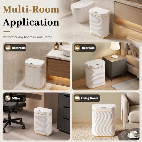 2.6 Gallon Automatic Bathroom Trash Can with Touchless Lid, White Gold | Motion Sensor Trash Can with Slim Waterproof Body; Small Plastic Garbage Can, hands-free lid for Bedroom, office, and kitchen