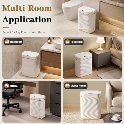 2.6 Gallon Automatic Bathroom Trash Can with Touchless Lid, White Gold | Motion Sensor Trash Can with Slim Waterproof Body; Small Plastic Garbage Can, hands-free lid for Bedroom, office, and kitchen