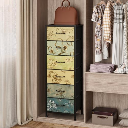 Tall 6 Drawers Dresser for Bedroom, Vintage Storage Organizer Unit | Tall Nightstand with Fabric Drawers, Retro Floral Pattern, Skinny Dresser for Closet, Dorm, Entryway, Metal Frame, Wood Top