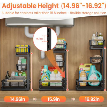 Under Sink Organizer and Storage 2 Pack 3 Tier Kitchen Bathroom Organizers | 3 Tier Black Undersink Organizers - Pull Out Cabinet Organization for Home Shelves and Drawers Cleaning Supplies Organizer