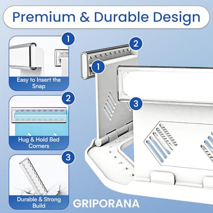 Bed Sheet Holders for Corners - Non Slip Mattress Sheet Gripper - Universal Sheet Holders - No Damage Bedding Holder - Strong 55kg Hold - Easy One-Time Installation - White Sheet Tucker Included