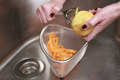 RSVP International Endurance® In-Sink Mesh Colander Strainer Basket, 3 Quart | Organize Sponges, Collect Food Scraps | Dishwasher Safe | Small Corner Basket | Steaming, Draining & Rinsing