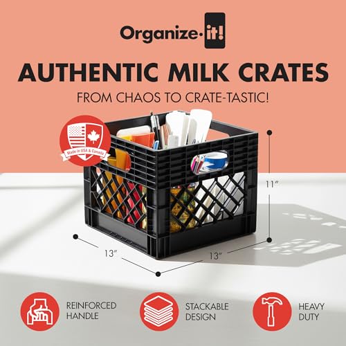 4 Pack Storage Milk Crate, Heavy-Duty Versatile Box, Black | Plastic Open Top Multi-purpose Organizers with Easy-Grip Handles, Interior 12.25"L x 12.25"W x 10.5"H