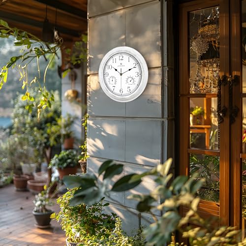 Lafocuse 12 Inch White Outdoor Wall Clocks with Temperature and Humidity | Waterproof Outdoor Clocks with Thermometer and Hygrometer Combo for Patio Porch Pool Outside Indoor Garage Bathroom Kitchen