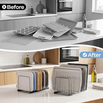 Cutting Board Organizer Rack for Cabinet with 7 Adjustable Dividers | 7 adjustable dividers. Holds cutting boards, cookie sheets, baking trays and thin pans, Wire rack for cabinet or countertop