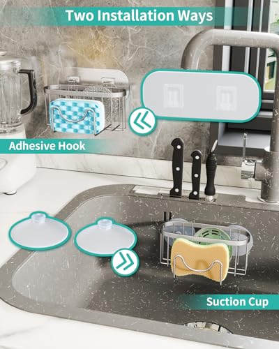 HapiRm Multifunctional Kitchen Sponge Holder with Unique M-Shaped, 2 Installation Ways Sink Caddy, Stainless Steel Kitchen Organizer for Sponge, Brush, Sink Stopper and Scraper -Brushed Nickel