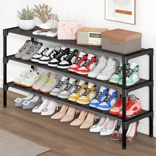 SAN HE Long Shoe Rack-Shoe Organizer 3 Tier Shoe Rack for Closet Front Door Entryway Garage, Stackable Free Standing and Freely Combinable Shoe Storage, Space Saving Small Shoe Shelves.