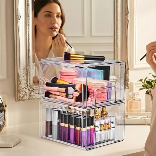 Sorbus Large Clear Stackable Storage Drawers – 2-Pack Plastic Organizer Bins with Handles – Pull-Out Stackable Drawers for Bathroom Closet, Medicine, Cabinet, Pantry Storage, Baby Bottle Organizer