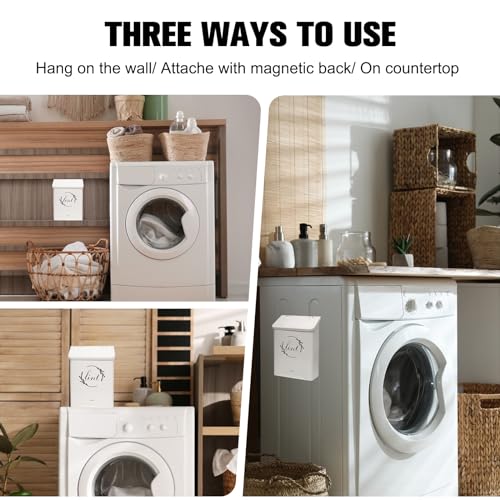 Magnetic Lint Bin for Laundry Room, Metal Lint Trash Can with Lid for Dryer, Wall Mounted Lint Holder Box with Lint Brush, Modern Farmhouse Laundry Room Decor, Cream