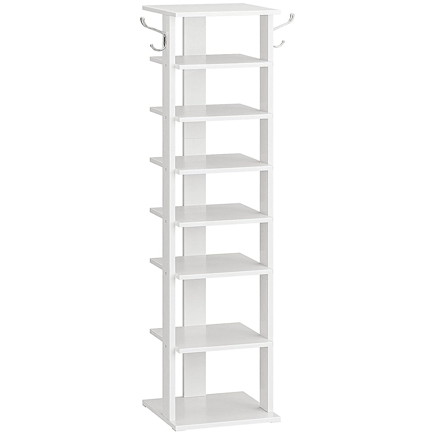HOOBRO 8 Tiers Vertical Shoe Rack, Wooden Shoe Storage Organizer with Hooks, Narrow Shoe Tower for 8 Pairs, Space Saving, for Entryway, Living Room, Bedroom, White WT07XJ01G1