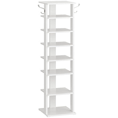 HOOBRO 8 Tiers Vertical Shoe Rack, Wooden Shoe Storage Organizer with Hooks, Narrow Shoe Tower for 8 Pairs, Space Saving, for Entryway, Living Room, Bedroom, White WT07XJ01G1