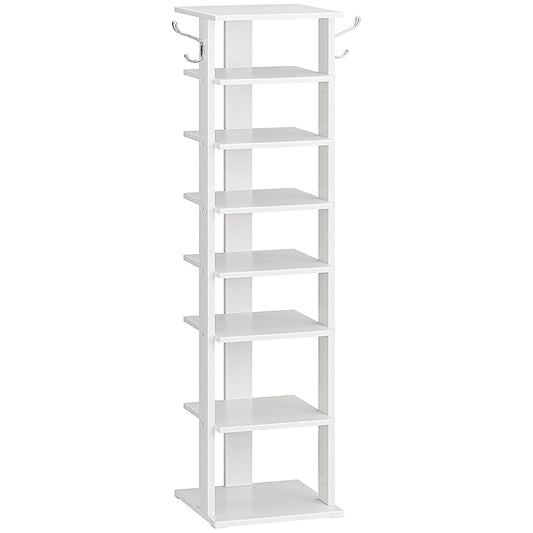HOOBRO 8 Tiers Vertical Shoe Rack, Wooden Shoe Storage Organizer with Hooks, Narrow Shoe Tower for 8 Pairs, Space Saving, for Entryway, Living Room, Bedroom, White WT07XJ01G1