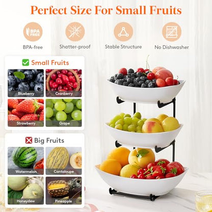 Lifewit Plastic Fruit Bowl for Kitchen Counter, 3 Tier Fruit Basket with Black Metal Stand, Tiered Fruit Holder for Countertop Serving Tray for Vegetable/Dessert in Party 28 x 21 x 35cm/11 x 8.4 x 14