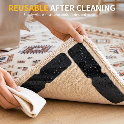 Rug Grippers for Hardwood Floors, No Damage Reusable Non Slip Rug Tape Pads, Washable Strong Adhesive Carpet Grippers for Area Rugs, Keep Corners Flat, Low-Profile Floor-Safe Removal (8)
