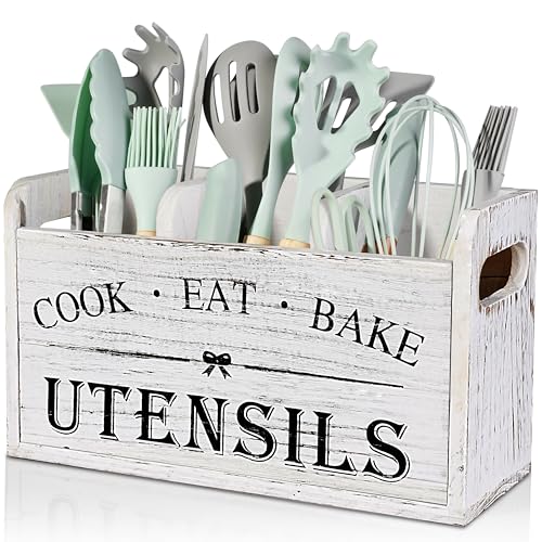 Kitchen Utensil Holder with 3 Compartments, Wooden... (Brown | Wood)