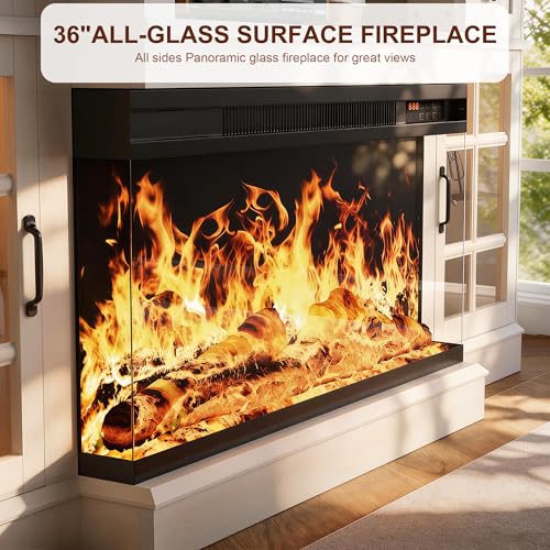 70" Fireplace TV Stand, 3-Sided Glass Fireplace and Modern Entertainment Center, Wooden Media Console with Glass Doors & Storage Drawers, LED Light, for Living Room, Antique White