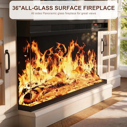 70" Fireplace TV Stand, 3-Sided Glass Fireplace and Modern Entertainment Center, Wooden Media Console with Glass Doors & Storage Drawers, LED Light, for Living Room, Antique White