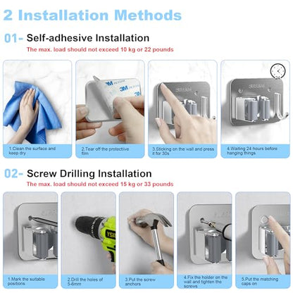 4 Pack Stainless Steel Mop and Broom Holder Wall Mount with Hook, Silver | Screw Drilling or Self Adhesive Storage Rack for Closet Laundry Garage Garden Tool Organizer