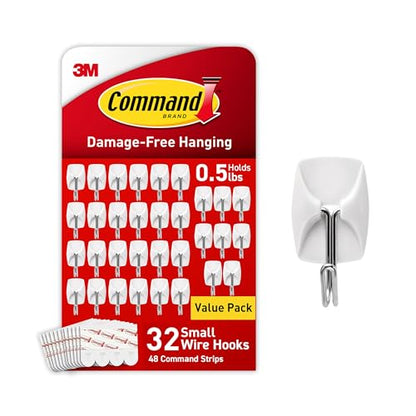 Command Small Wire Toggle Hooks, 32 Count, and 48 Strips, Damage Free Hanging Wall Hooks with Adhesive Strips, No Tools Required for Hanging, Organization and Storage, Holds up to 0.5 lb