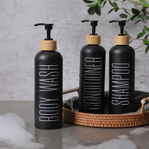 16oz 3-Pack Refillable Black Bathroom Shower Set - Empty Bottles with Pump for Shampoo, Conditioner, or Body Wash