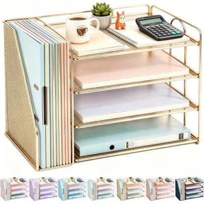 gianotter 4-Tier Paper Organizer With Magazine Holder | Desk Organizers and Accessories, File Organizer for Office Supplies Storag (Gold, 4-Tier)