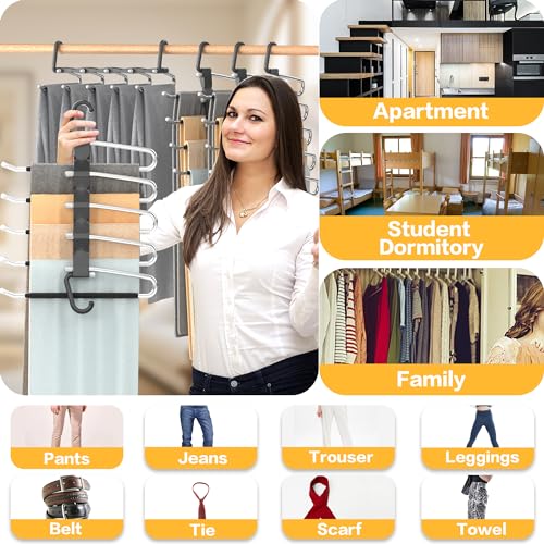 Pants Hangers Space Saving - 2 Pack Closet Organizer and Storage Jean Hangers, Stainless Steel Anti-Slip Clothes Hanger Scarf Holder for Pants Jeans Leggings Trousers Pant Rack, Black