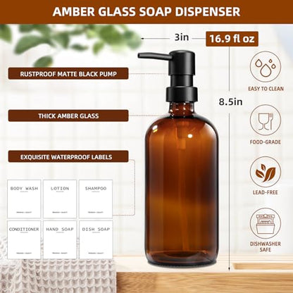 Dish Soap Dispenser for Kitchen, 16.9 fl oz Amber Hand and Dish Soap Dispensers, Kitchen Soap Dispenser Set with Sponge Holder, Brush Holder and Loofah Sponge, Countertop Sink Organizer Accessories