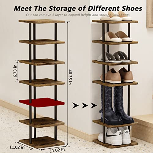 Shoe Rack Storage Vertical Narrow Shoe Organizer Shelf 7 Tier | Metal Slim Shelf,Modern Minimalist Free Standing Shoe Tower, Saving Space for Closet,Entryway,Bedroom,Black+Rustic Brown