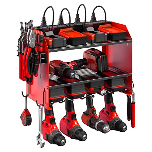 CCCEI Wall Mount Modular Tool Charging Organizer, Red, 1 Pack, 3 Tier. | Drill Battery Storage Rack with Hooks, Garage Workshop, Gifts for Men, Dad, Husband Anniversary, Birthday, Christmas