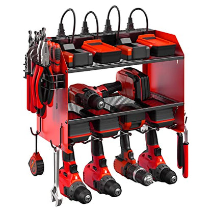 CCCEI Wall Mount Modular Tool Charging Organizer, Red, 1 Pack, 3 Tier. | Drill Battery Storage Rack with Hooks, Garage Workshop, Gifts for Men, Dad, Husband Anniversary, Birthday, Christmas