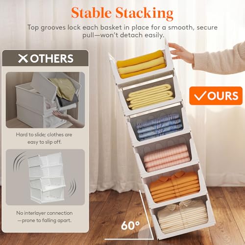 Lifewit 6 Pack Stackable Closet Storage Organizers for Clothes 16.5" Depth | Plastic Stacking Sweater Storage basket Bins for Wardrobe, Multifunctional Pants Organizer for RV, Pantry, Kitchen, Dorm