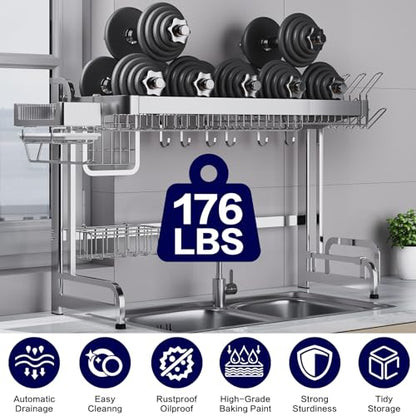 LIVOD Over The Sink Dish Drainer Drying Rack, 2 Tier Full Stainless Steel Storage Adjustable Length Kitchen Rack, Multifunctional Expandable Counter Organizer, Space Saver Dish Rack