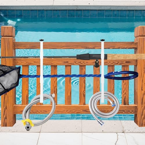 2Pcs White Pool Pole Hangers, Adjustable Heavy Duty Swimming Pool Fence Hooks for Pool Equipment, Skimmers, Leaf Rakes, Nets, Brushes, Vacuum Hose, Garden Tool Organizer