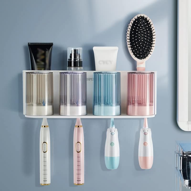 So Nice Toothbrush Holders for bathrooms Accessories Wall Mounted,Electric Shower Toothbrush Holder White Plastic toothbrushes Holder Set for Kids with 4 Cups