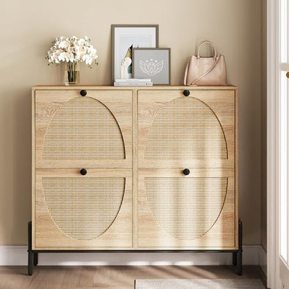IRONCK Rattan Shoe Cabinet Storage with 4 Flip Drawers, Oak | Freestanding Shoe Storage Organizer Cabinet for Entryway, Narrow Shoe Rack Cabinet