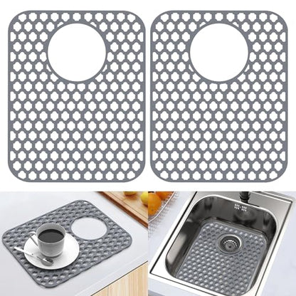 2 Pack Silicone Sink Protector Mat for Kitchen Sink Rear Drian Gray | 13-9/16" x 11-5/8" Non-Slip Heat-resistant and Durable Silicone Grid