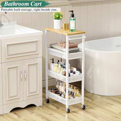 4-Tier Slim Rolling Storage Cart for Laundry Room, Bathroom, Kitchen | Upgraded metal hub casters, Narrow utility cart for small space/gaps, Premium wood top & metal mesh shelf, with handle & hook