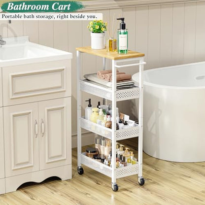 4-Tier Slim Rolling Storage Cart for Laundry Room, Bathroom, Kitchen | Upgraded metal hub casters, Narrow utility cart for small space/gaps, Premium wood top & metal mesh shelf, with handle & hook
