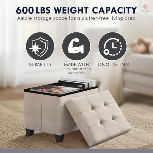 Ornavo Home Small Rectangle Storage Ottoman with Legs, 12x16x12, Beige | Foot Rest Stool Seat; Holds Up to 600 lbs; Ideal for Living Room, Bedroom, Home Office or Dorm